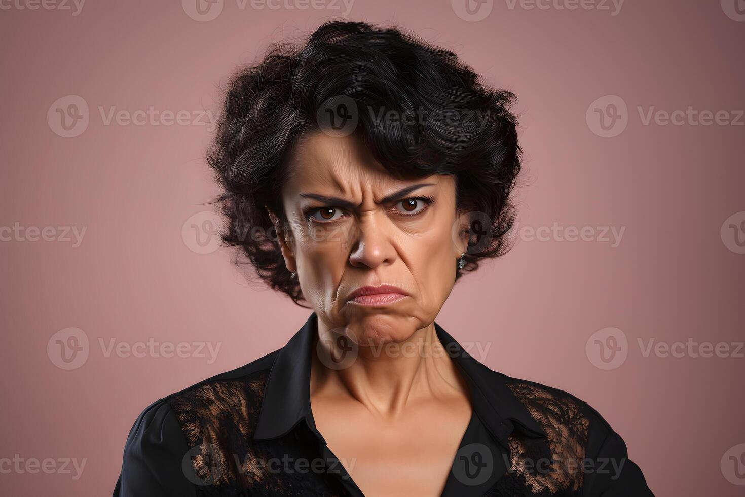 AI generated scowl mature Latin American woman, head and shoulders portrait on brown background. Neural network generated photorealistic image photo