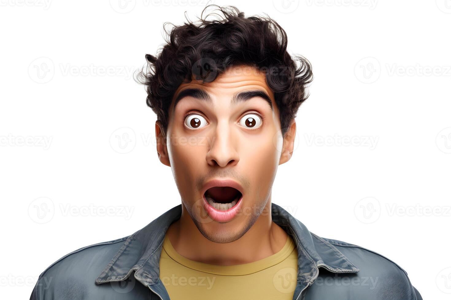 AI generated Surprised young adult Latin American man on white background. Neural network generated photorealistic image. photo