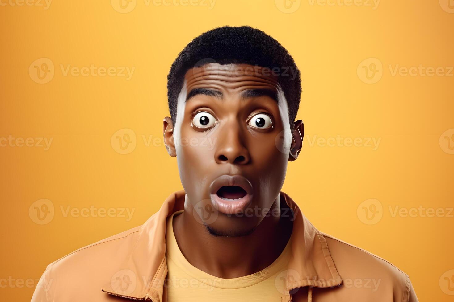 AI generated surprised African American man, head and shoulders portrait on yellow background. Neural network generated image photo