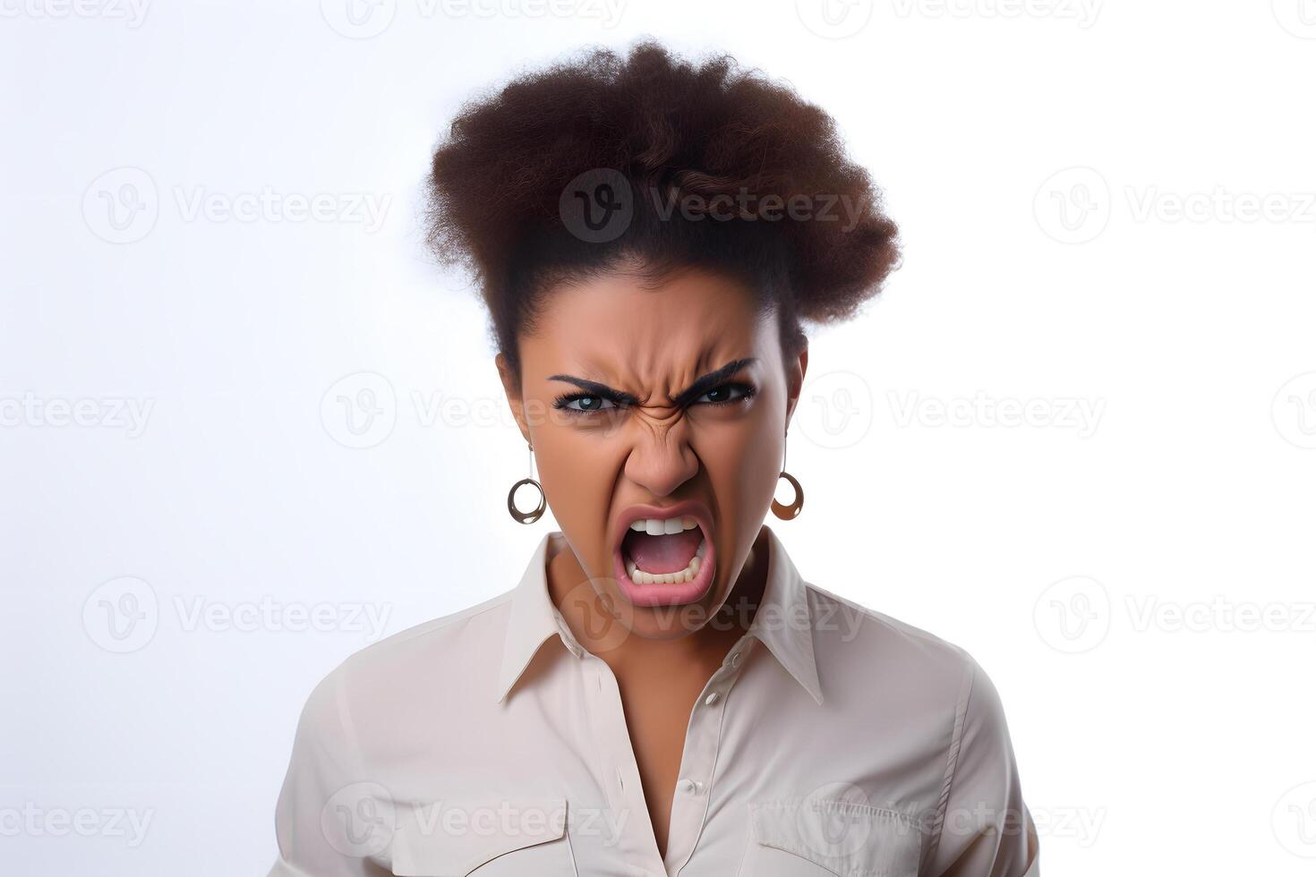 AI generated Angry young adult African American woman yelling, head and shoulders portrait on white background. Neural network generated photorealistic image. photo