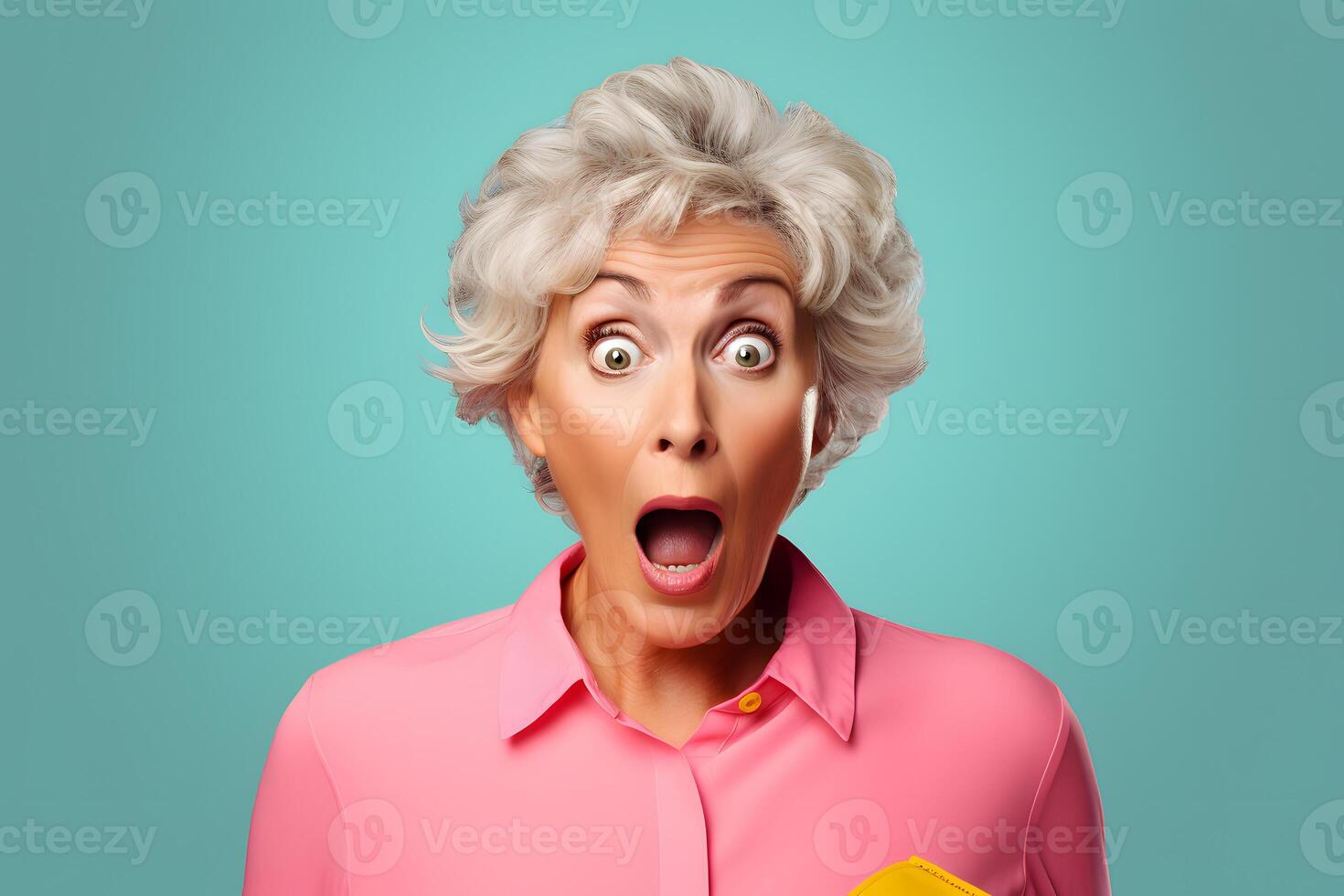 AI generated Surprised gray-haired Caucasian woman on turquoise background. Neural network generated photorealistic image. photo