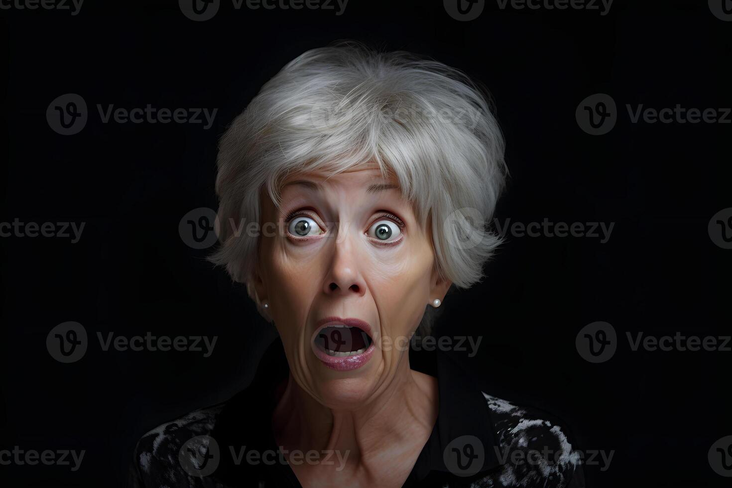 AI generated Surprised gray-haired Caucasian woman on black background. Neural network generated photorealistic image. photo