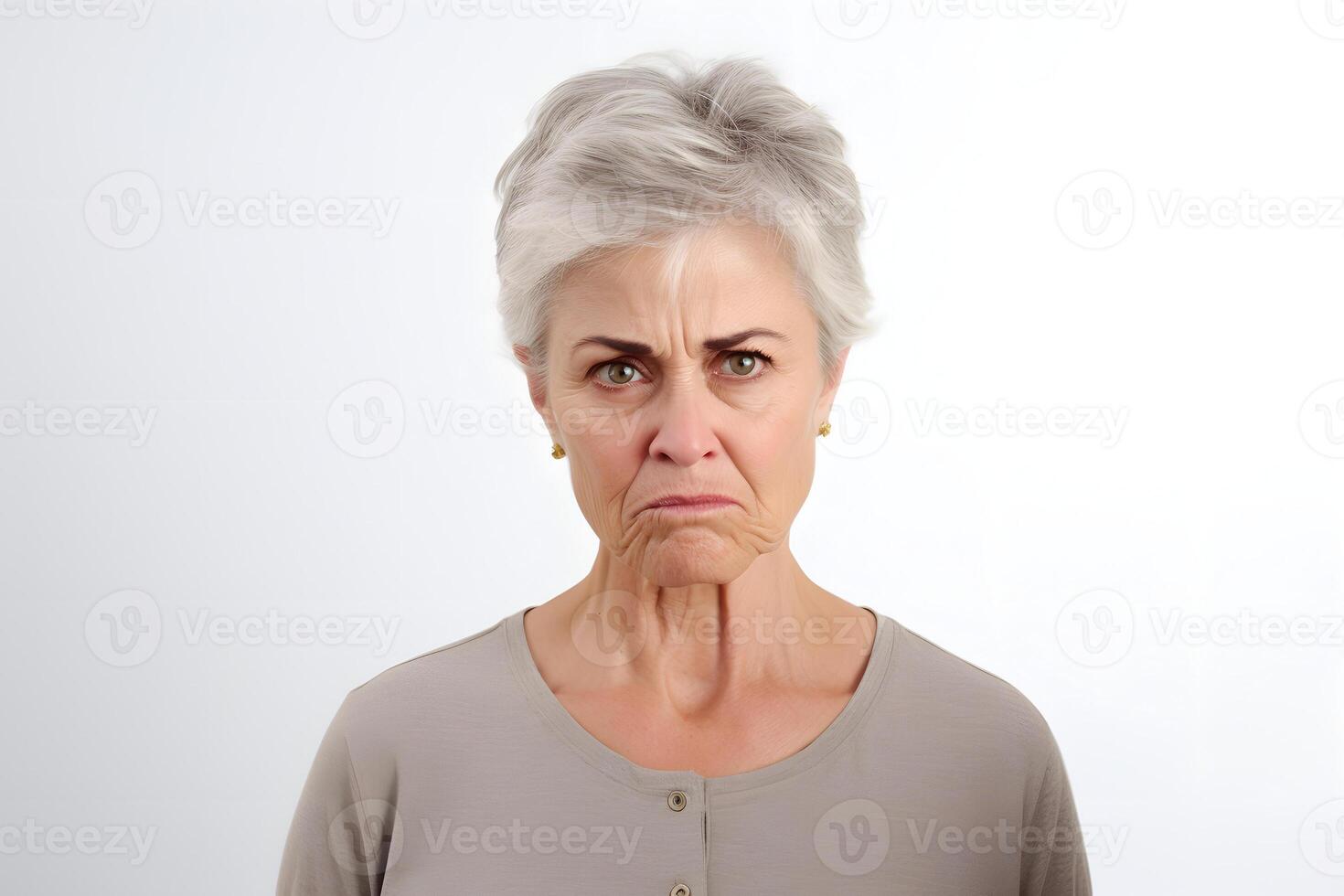 AI generated Angry and disgusted senior Caucasian woman, head and shoulders portrait on white background. Neural network generated photorealistic image photo