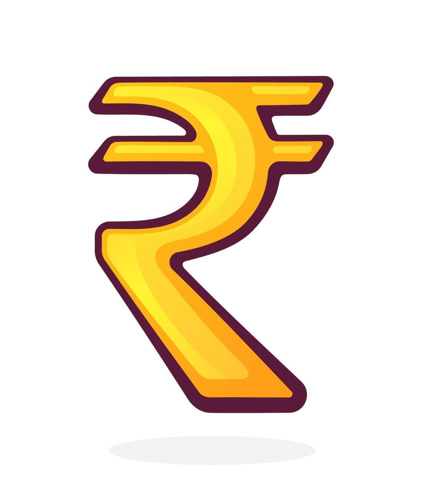 Golden Rupee Sign. Indian Currency Symbol. Vector illustration. Hand drawn cartoon clip art with outline. Graphic element for design. Isolated on white background