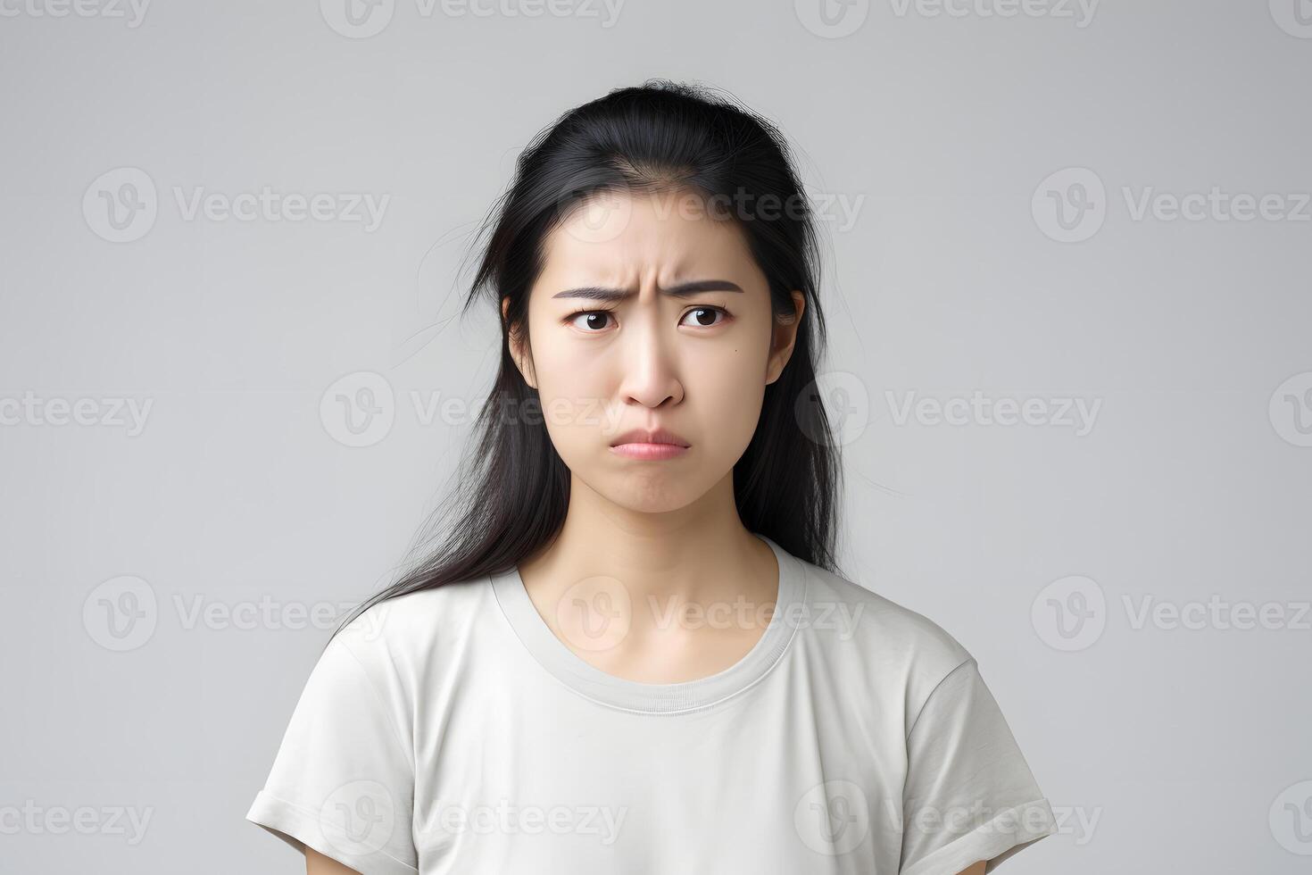 AI generated Sad Asian young adult woman portrait on light grey background. Neural network generated photorealistic image photo