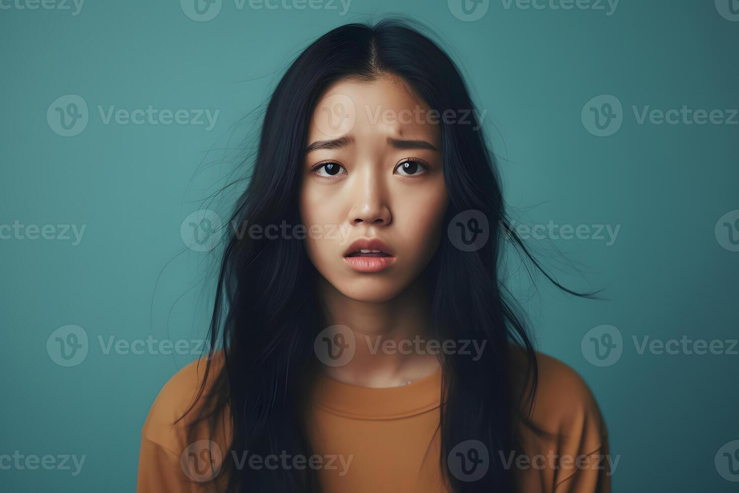 AI generated Sad crying Asian young adult woman portrait on green background. Neural network generated photorealistic image photo