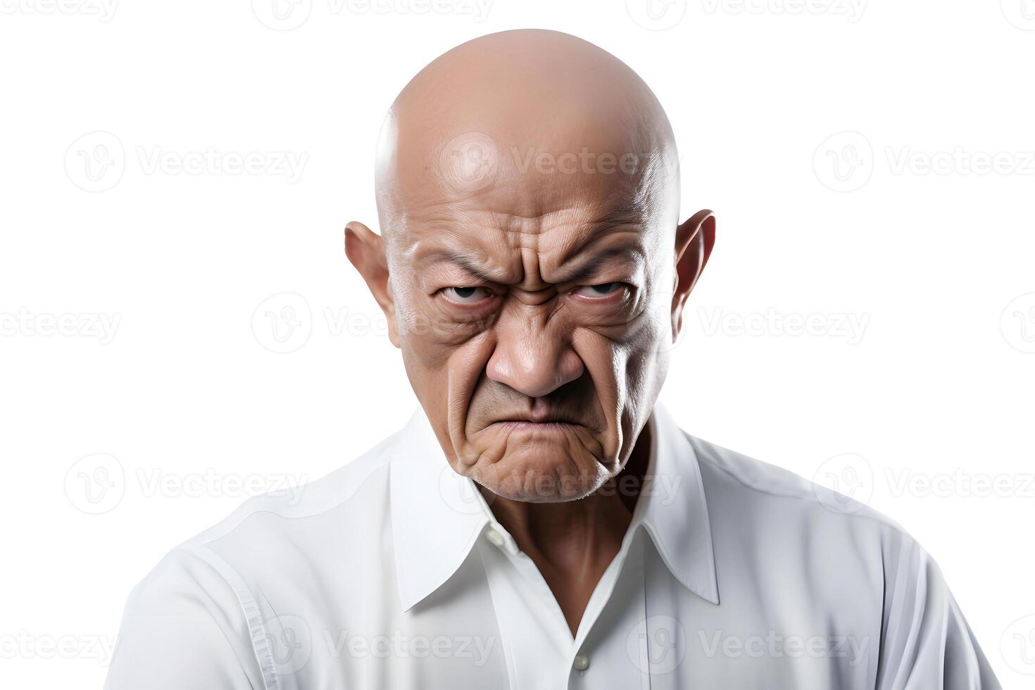 AI generated Angry mature Asian man, head and shoulders portrait on white background. Neural network generated image photo
