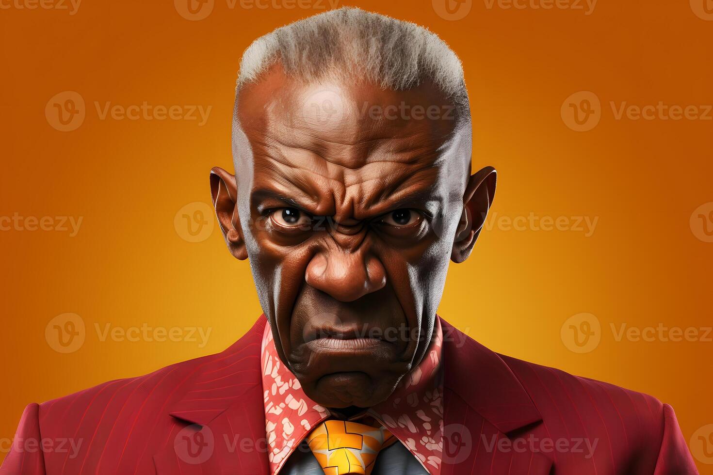 AI generated angry African American man in red formal suit, head and shoulders portrait on orange background. Neural network generated image photo