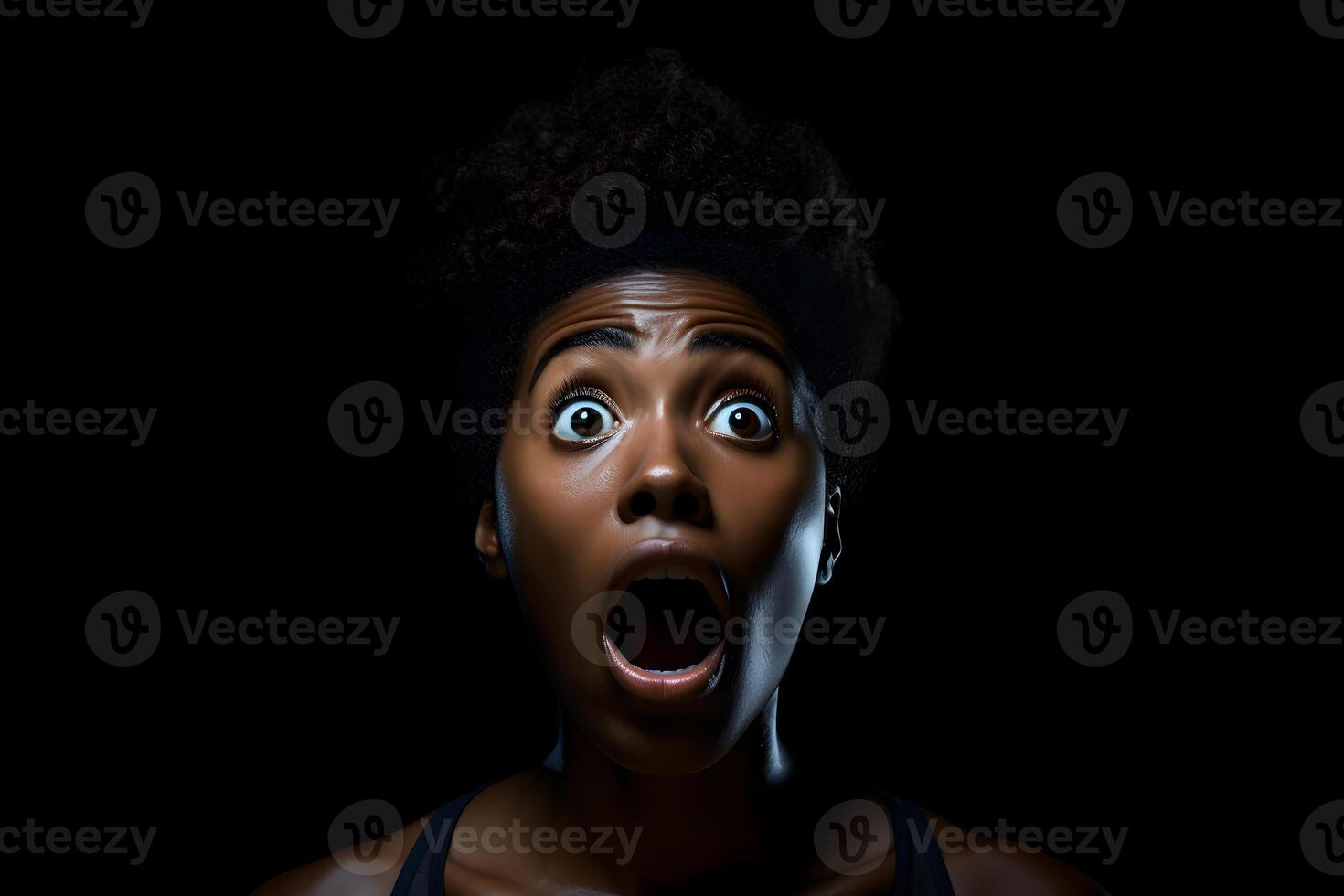 AI generated surprised African American woman, head and shoulders portrait on black background. Neural network generated image photo