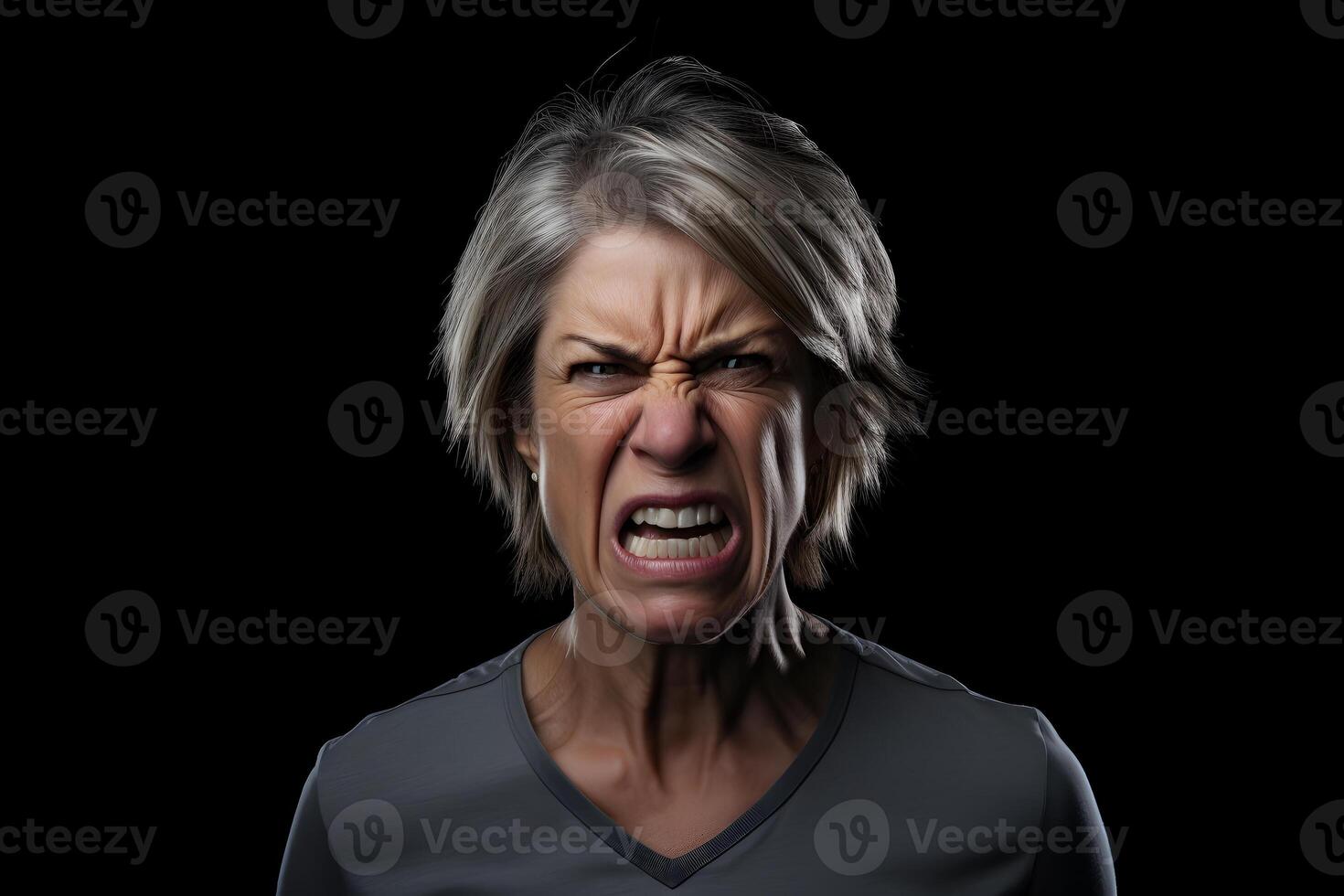 AI generated Angry senior Caucasian woman yelling, head and shoulders portrait on black background. Neural network generated photorealistic image. photo