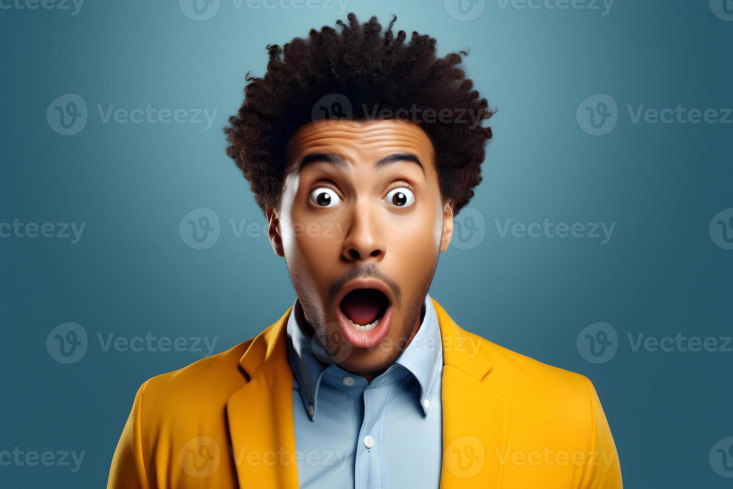 AI generated surprised African American man, head and shoulders portrait on blue background. Neural network generated image photo