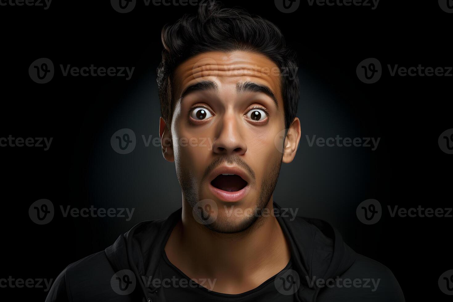 AI generated Surprised young adult Latin American man on black background. Neural network generated photorealistic image. photo