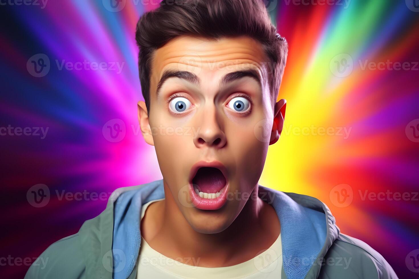 AI generated Surprised young adult Caucasian man on colorful background. Neural network generated photorealistic image. photo