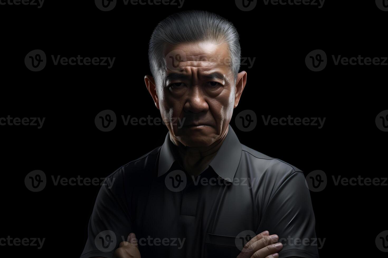 AI generated Sceptic senior Asian man, head and shoulders portrait on black background. Neural network generated photorealistic image. photo