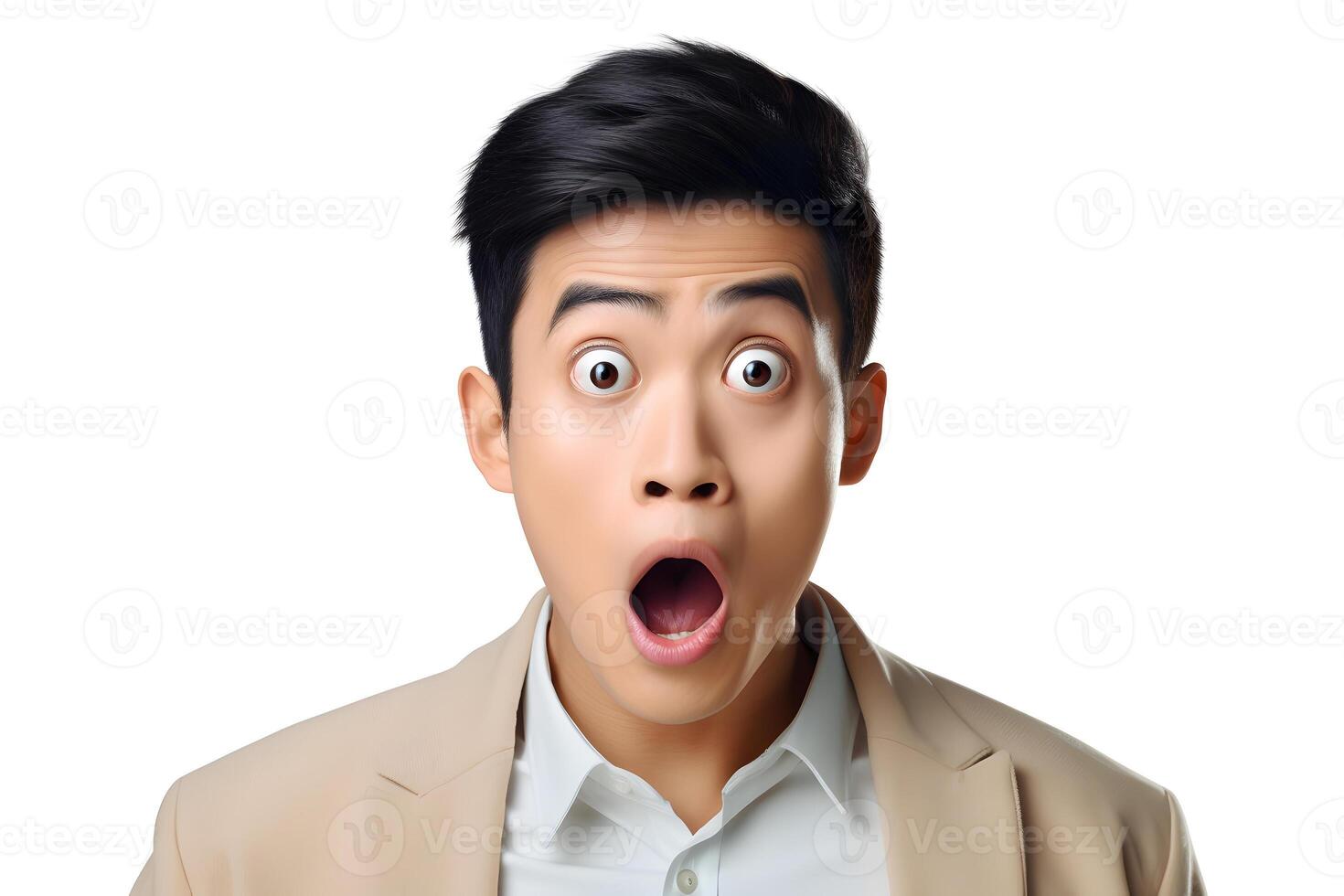 AI generated Surprised Asian young adult man on white background. Neural network generated photorealistic image. photo