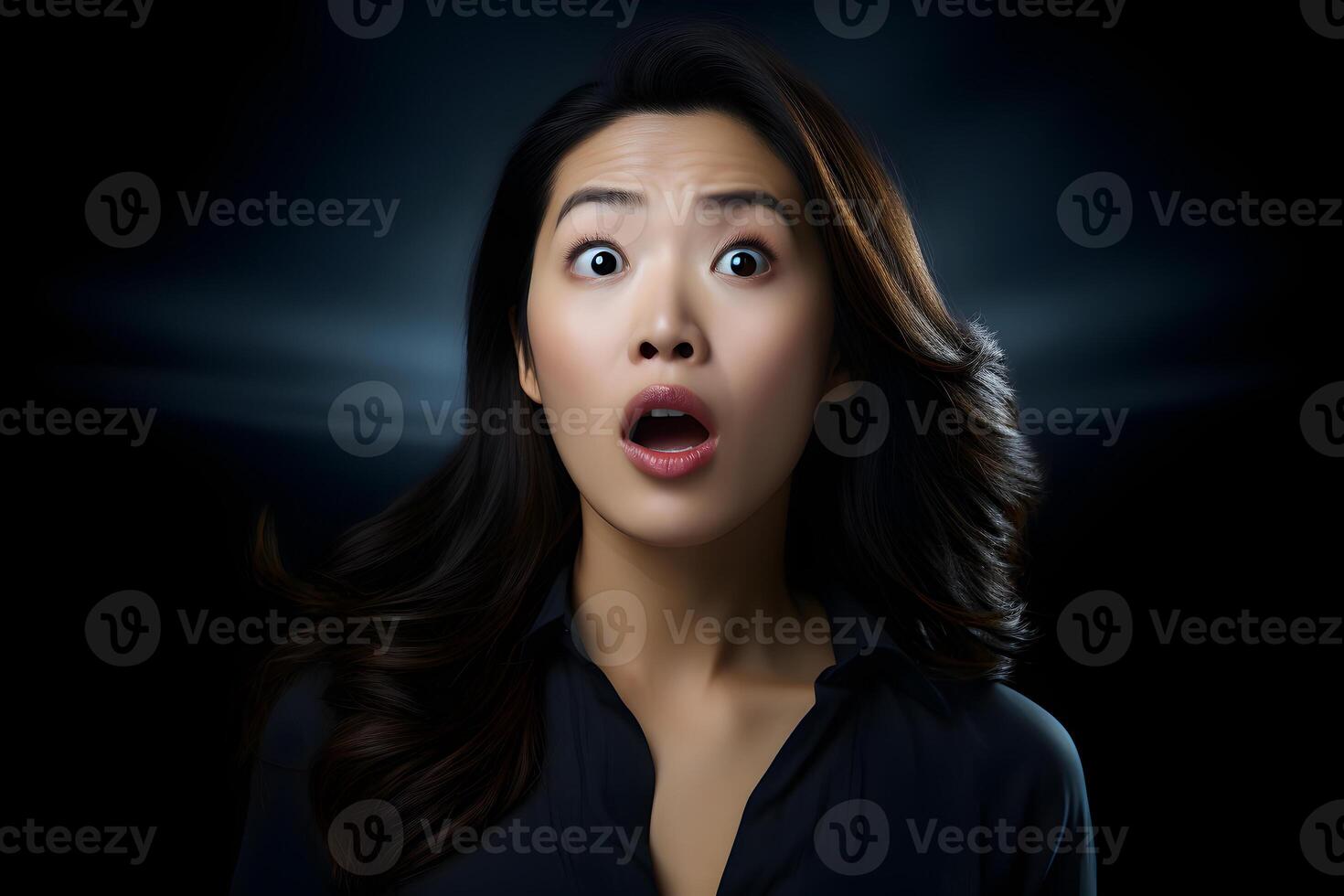 AI generated Surprised Asian young adult woman on black background. Neural network generated photorealistic image. photo