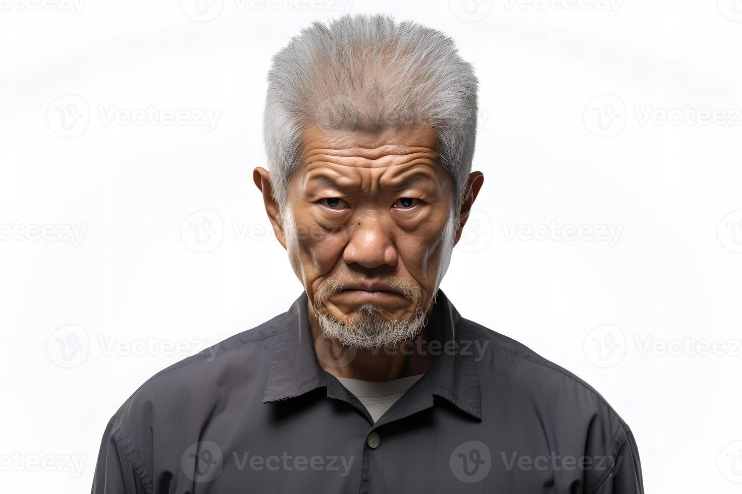 AI generated Angry mature Asian man, head and shoulders portrait on white background. Neural network generated image photo