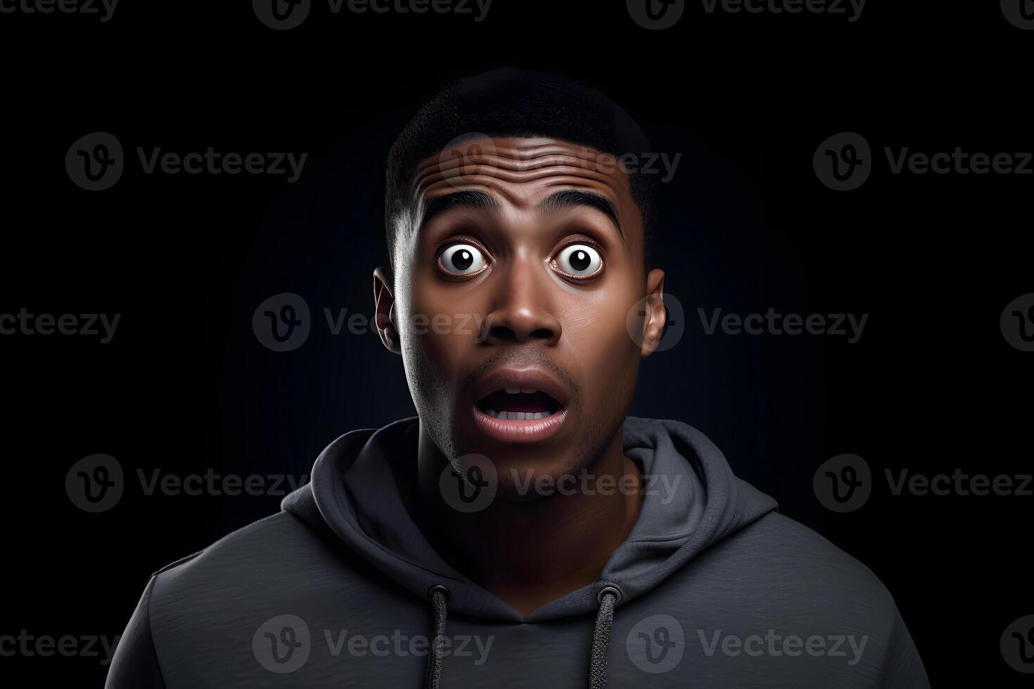 AI generated scared African American man, head and shoulders portrait on black background. Neural network generated image photo