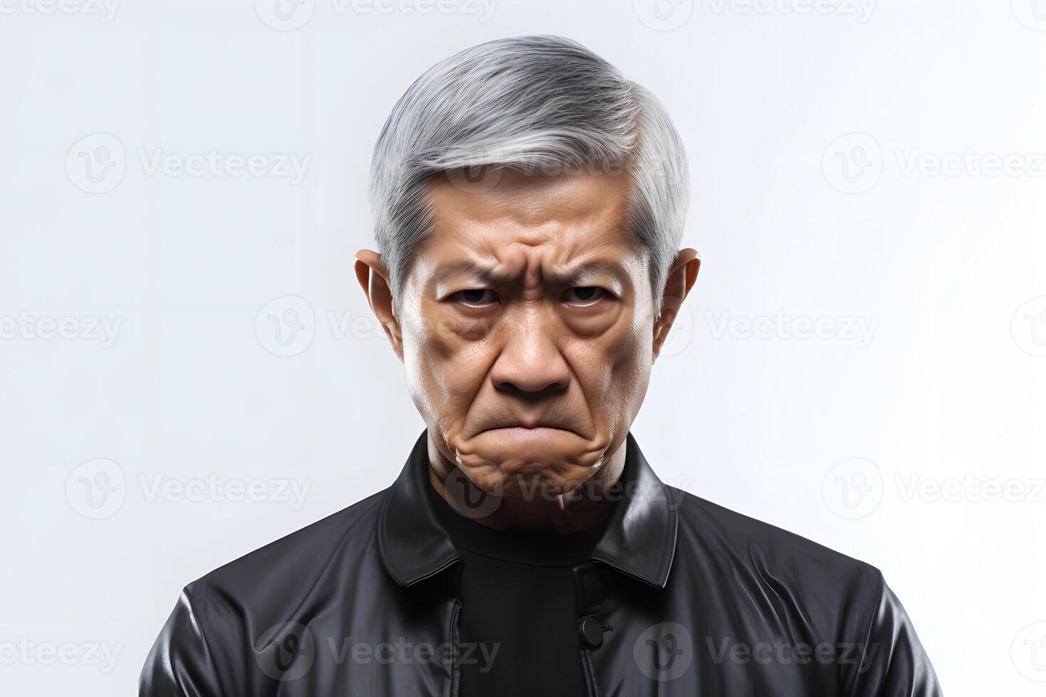 AI generated Angry mature Asian man, head and shoulders portrait on white background. Neural network generated image photo