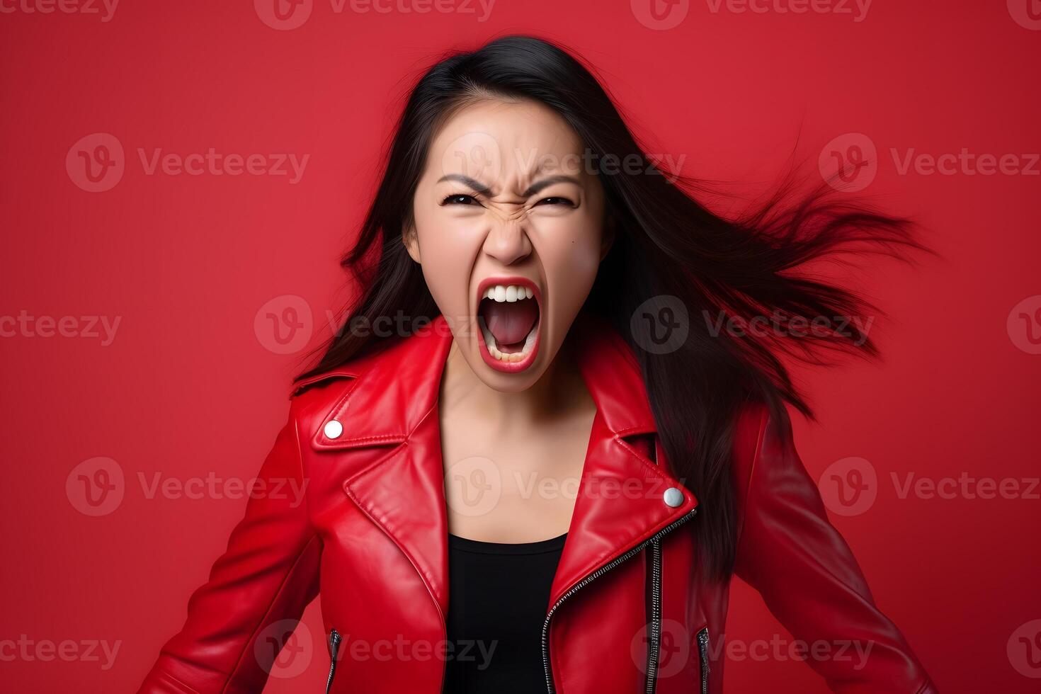 AI generated Angry young adult Asian woman yelling on red background. Neural network generated photorealistic image. photo