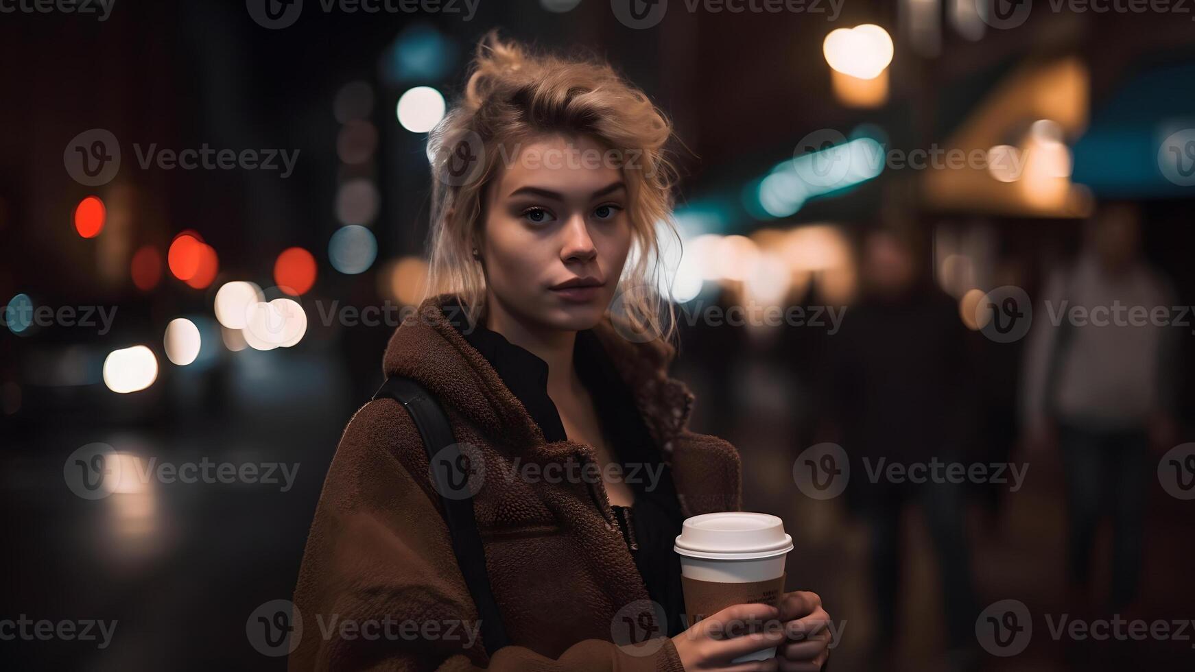 AI generated young beautiful blonde femine woman at night city street holding cardboard cup of coffee, neural network generated picture photo