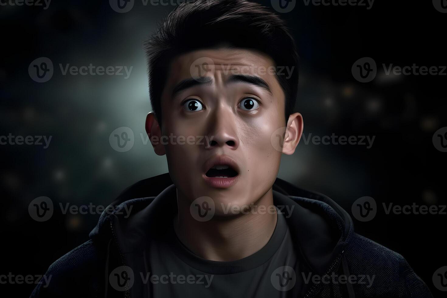 AI generated Surprised Asian young adult man on blurry dark background. Neural network generated photorealistic image. photo
