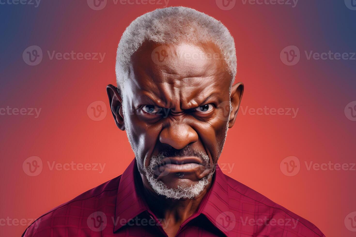 AI generated angry African American man in red shirt, head and shoulders portrait on red background. Neural network generated image photo