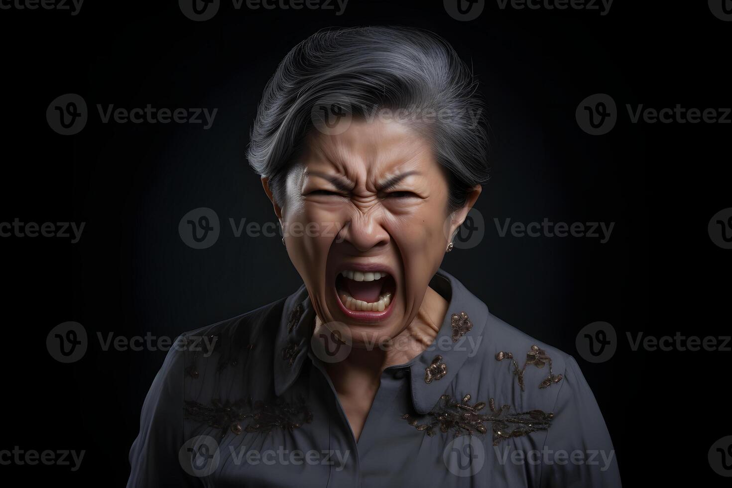 AI generated Angry senior Asian woman yelling, head and shoulders portrait on black background. Neural network generated photorealistic image. photo