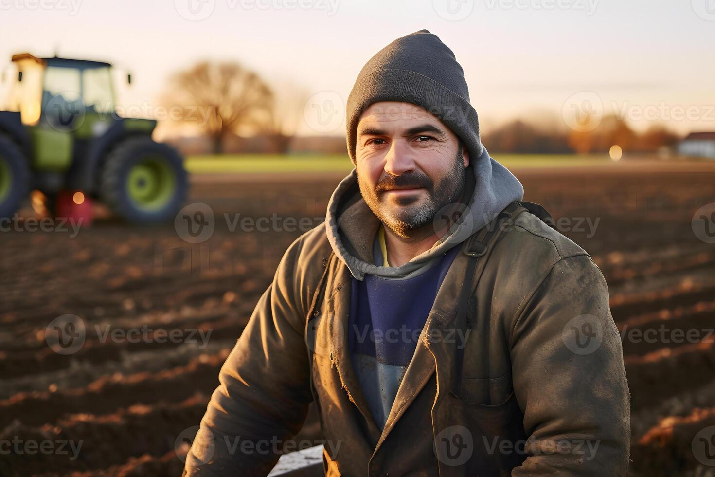 AI generated Farmer in the middle of his plowing field in spring, in the early morning. Neural network generated photorealistic image photo