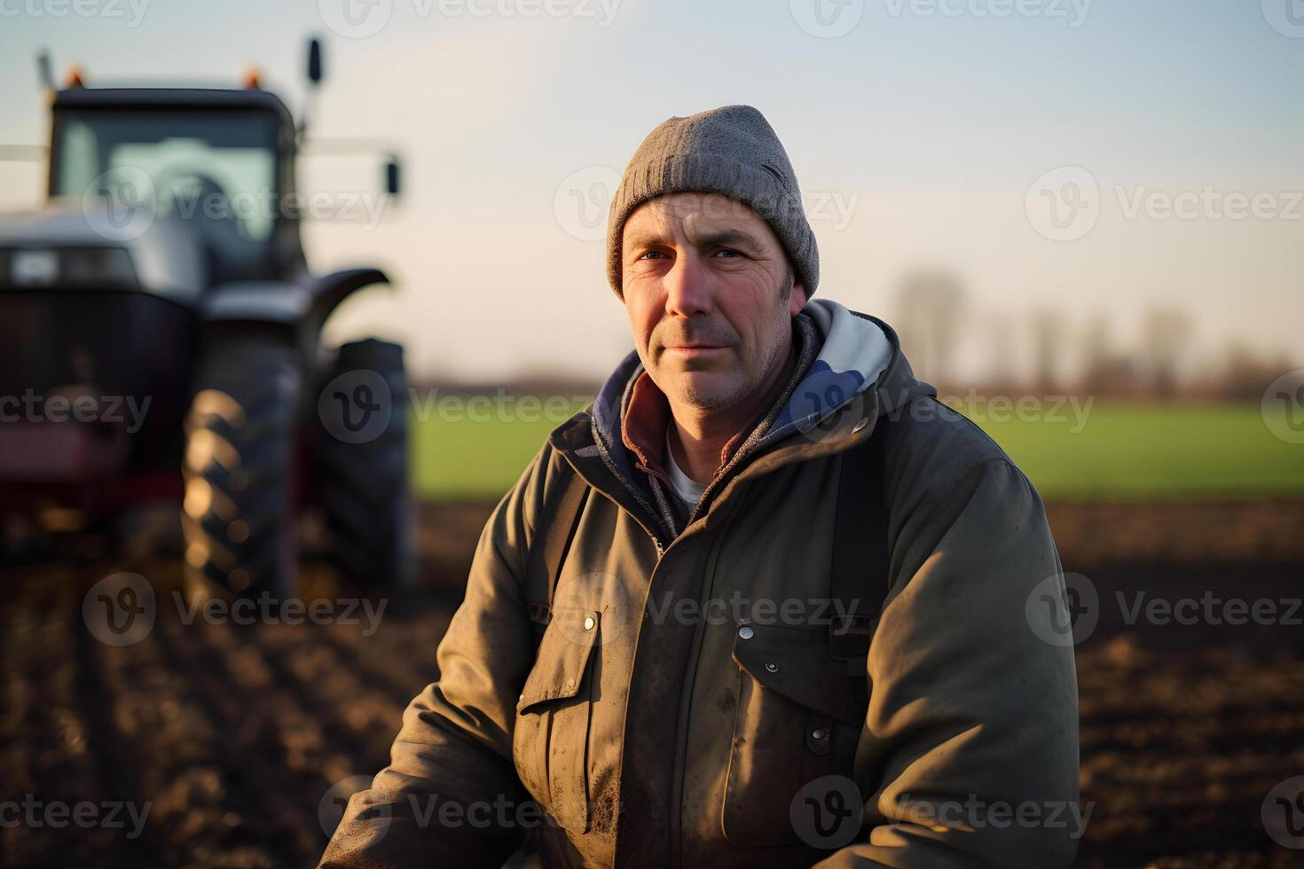 AI generated Farmer in the middle of his plowing field in spring, in the early morning. Neural network generated photorealistic image photo