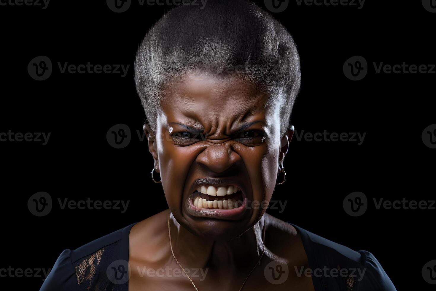 AI generated Angry senior African American woman yelling, head and shoulders portrait on black background. Neural network generated image photo