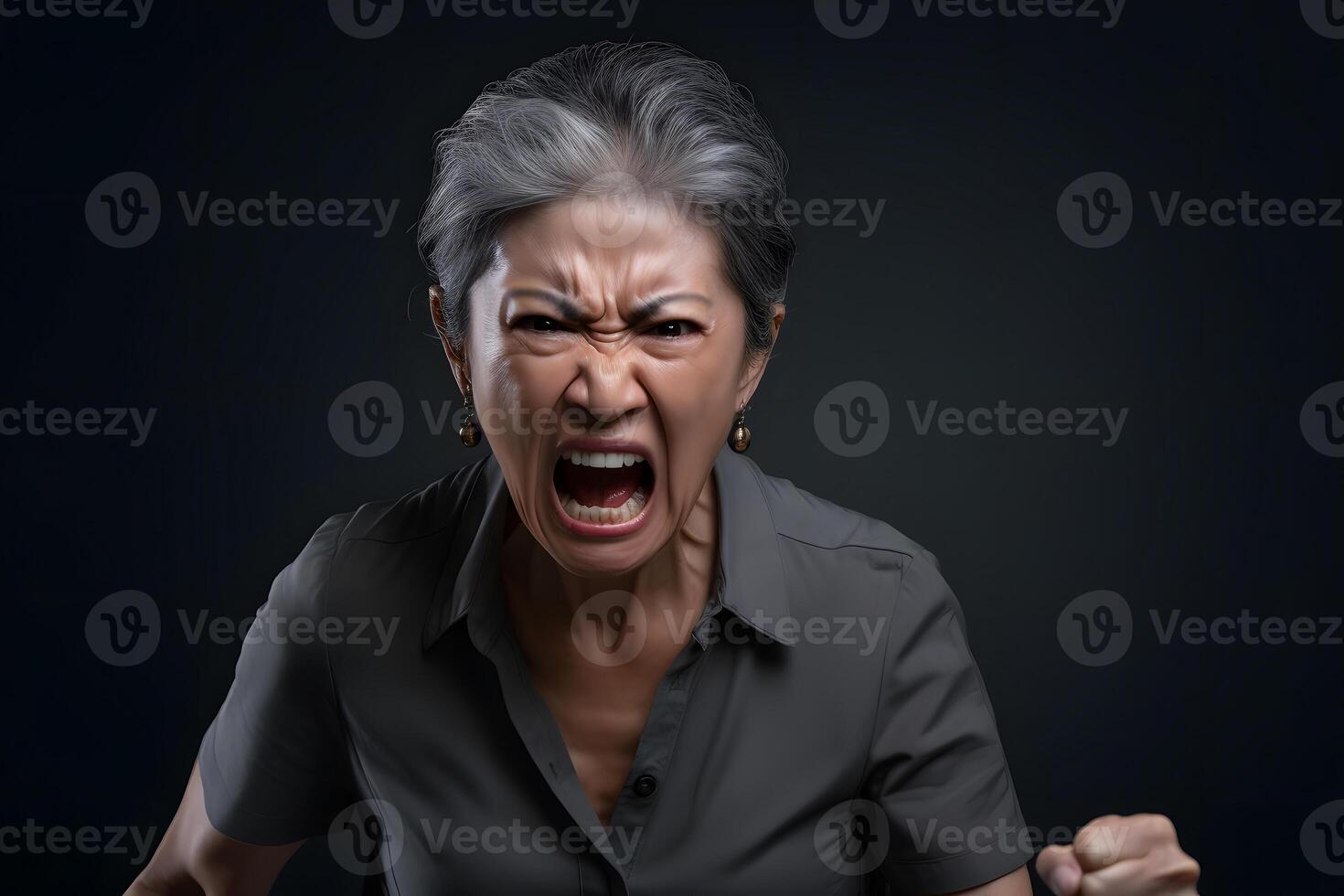 AI generated Angry senior Asian woman yelling, head and shoulders portrait on black background. Neural network generated photorealistic image. photo
