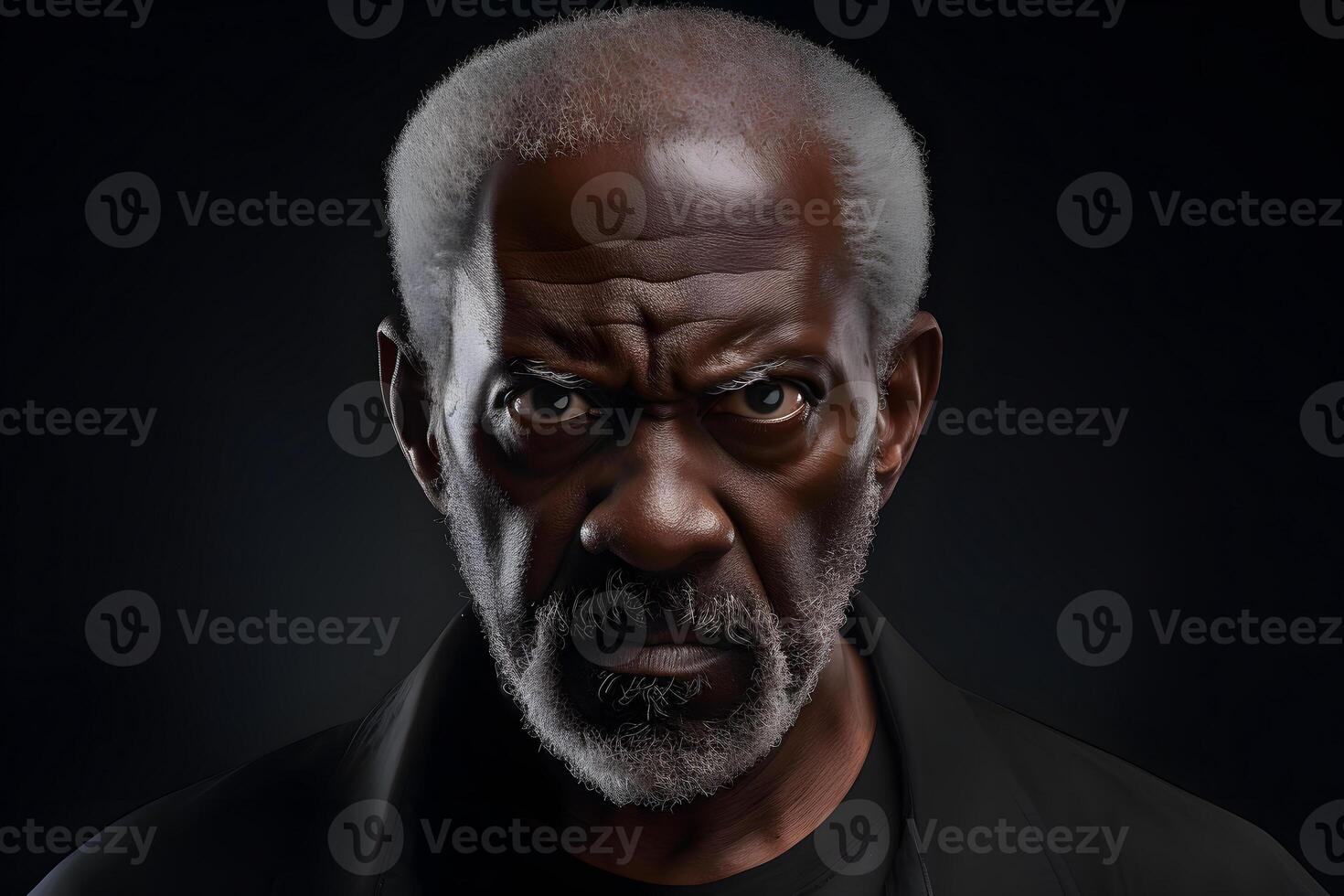 AI generated Angry mature African American man, head and shoulders portrait on black background. Neural network generated image photo