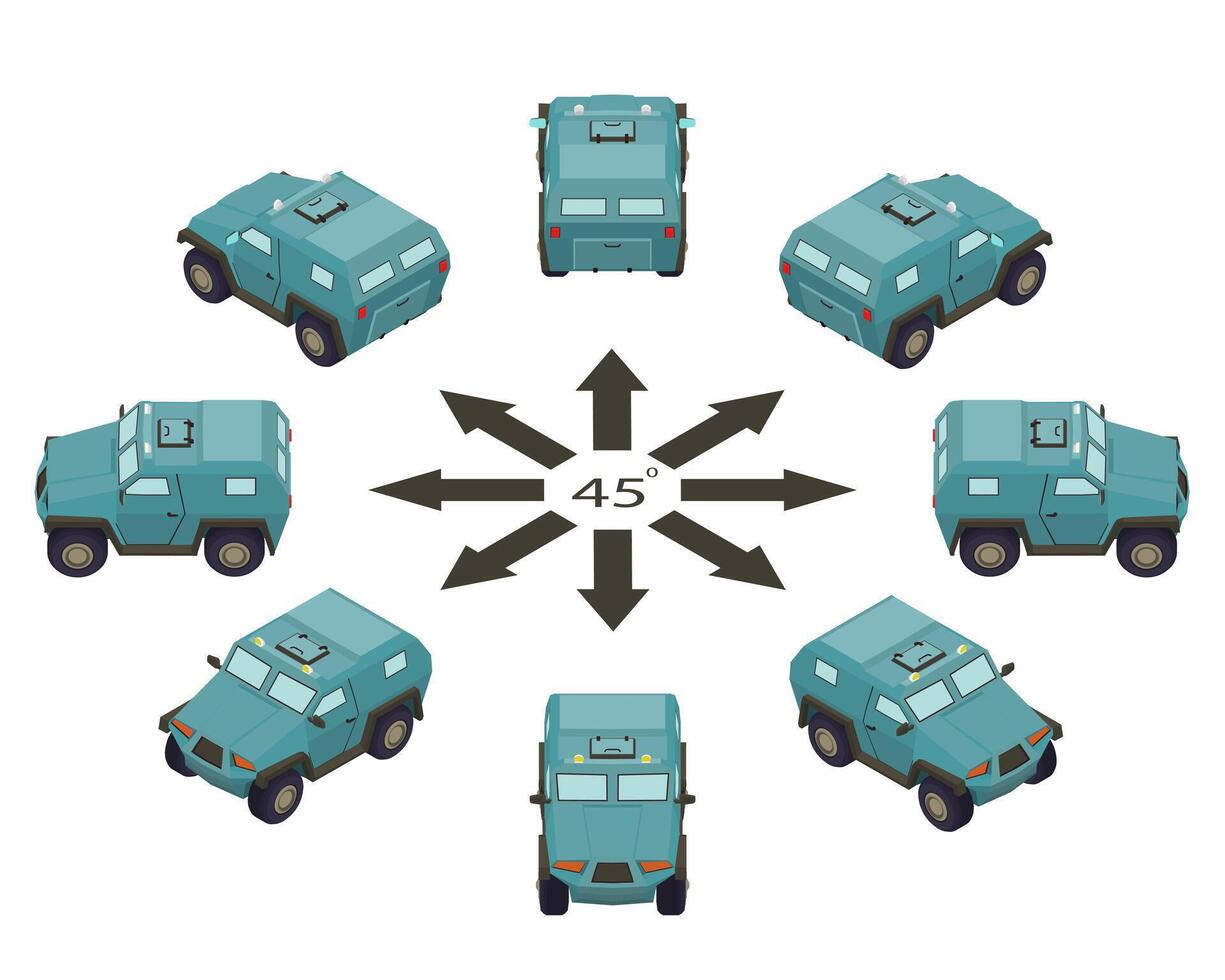 Armored cars in different angles in isometric view. vector