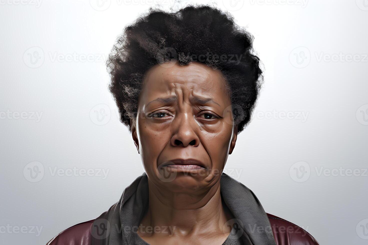 ai generado llorando mayor africano americano mujer, cabeza y espalda retrato en ligero gris antecedentes. neural red generado imagen foto