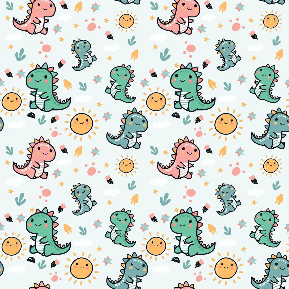 Dino friends. Funny cartoon dinosaurs, rainbows, and eggs. Cute t rex, characters. Hand drawn vector doodle set for kids. Good for textiles, nursery, wallpapers, wrapping paper, clothes. Roar words
