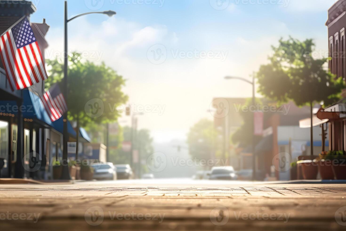 AI generated American town street view at sunny summer day, neural network generated image photo