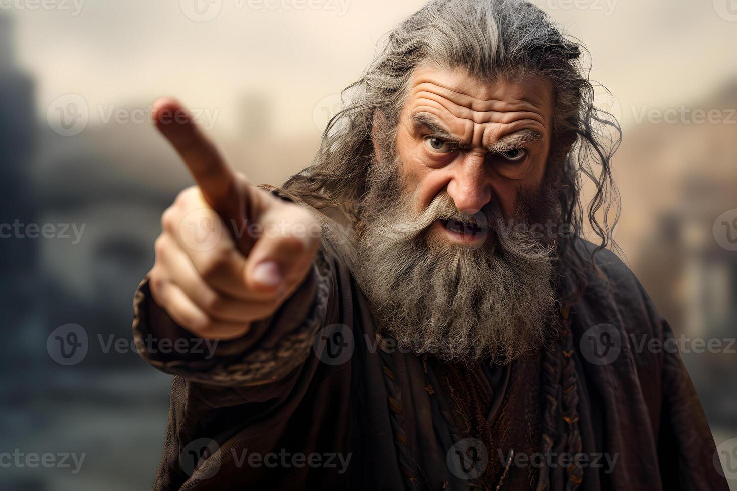 AI generated Medieval mature gray-haired man points finger at viewer, neural network generated image photo