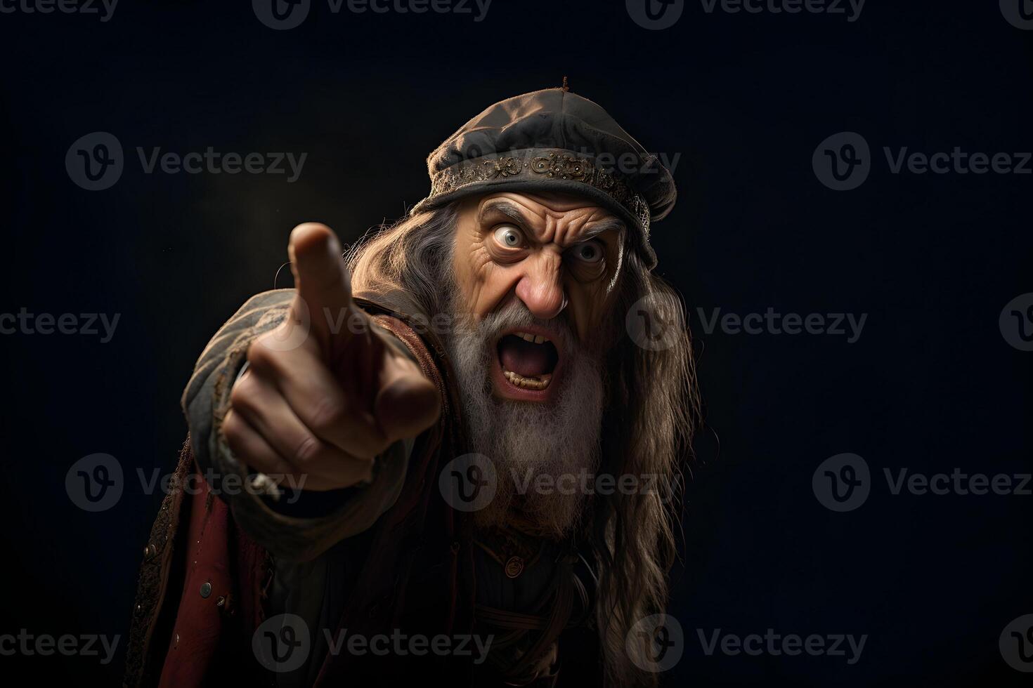 AI generated Medieval man on black background points finger at you and yelling, neural network generated image photo