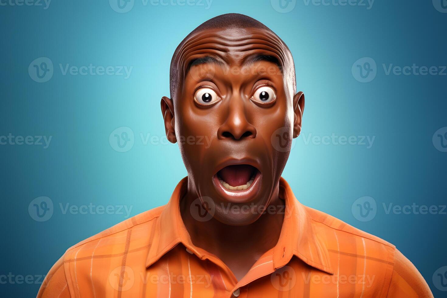 AI generated surprised African American man, head and shoulders portrait on blue background. Neural network generated image photo