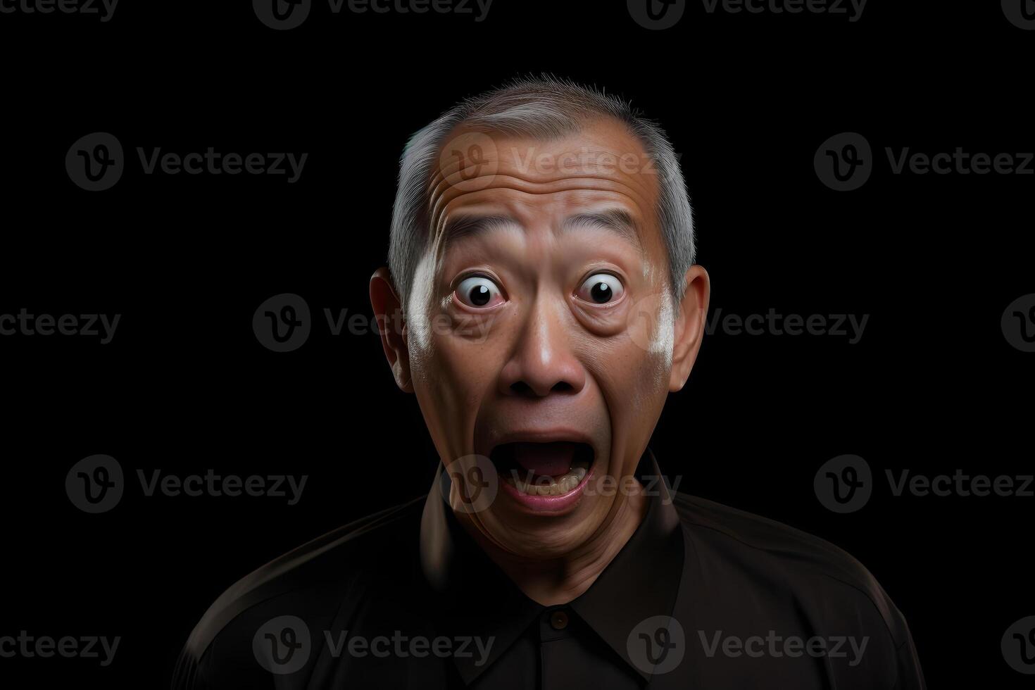 AI generated Surprised gray-haired Asian man on black background. Neural network generated photorealistic image. photo