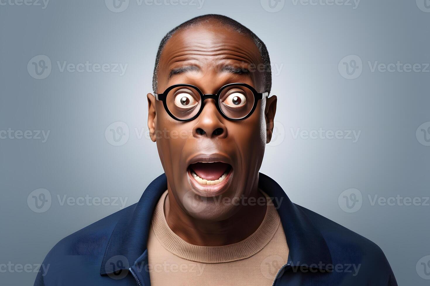 AI generated Surprised and scared adult African American man on grey background. Neural network generated photorealistic image. photo