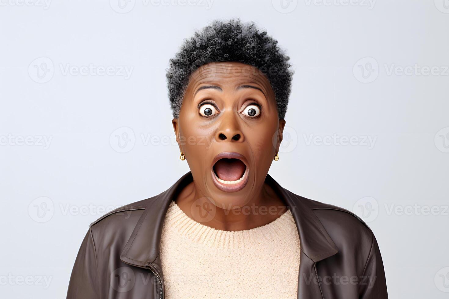 AI generated surprised senior African American woman, head and shoulders portrait on white background. Neural network generated image photo