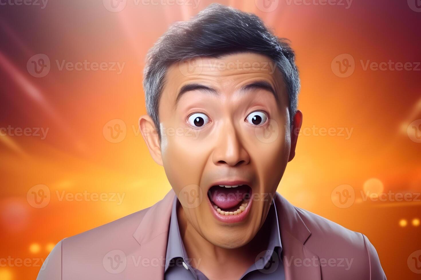 AI generated Surprised Asian man with glasses on colorful background. Neural network generated photorealistic image. photo