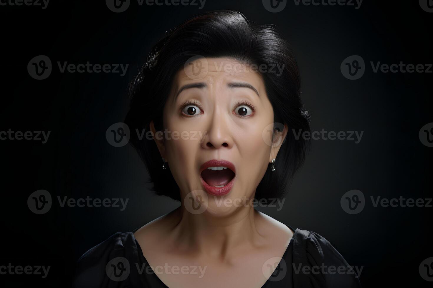 AI generated Surprised Asian woman on black background. Neural network generated photorealistic image. photo