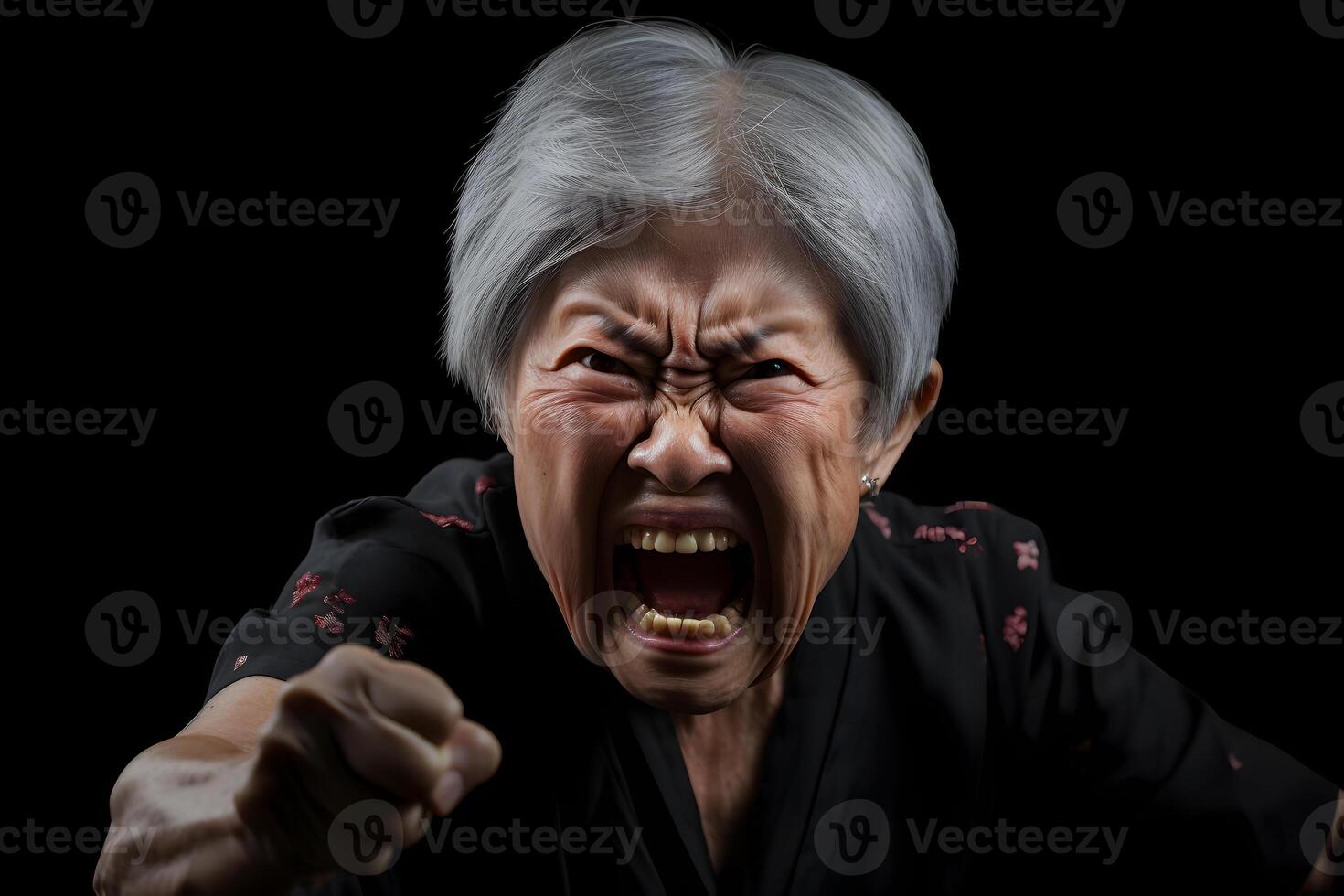 AI generated Angry senior Asian woman yelling and swinging fist on black background. Neural network generated photorealistic image. photo