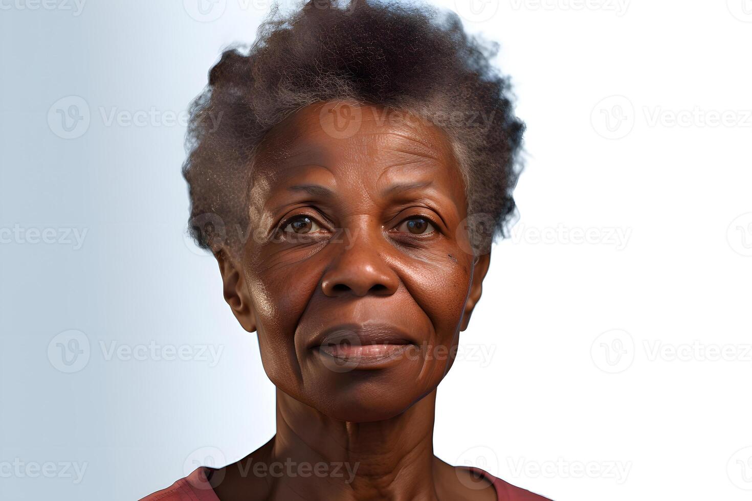 AI generated African American person, head and shoulders portrait on light grey background. Neural network generated image photo