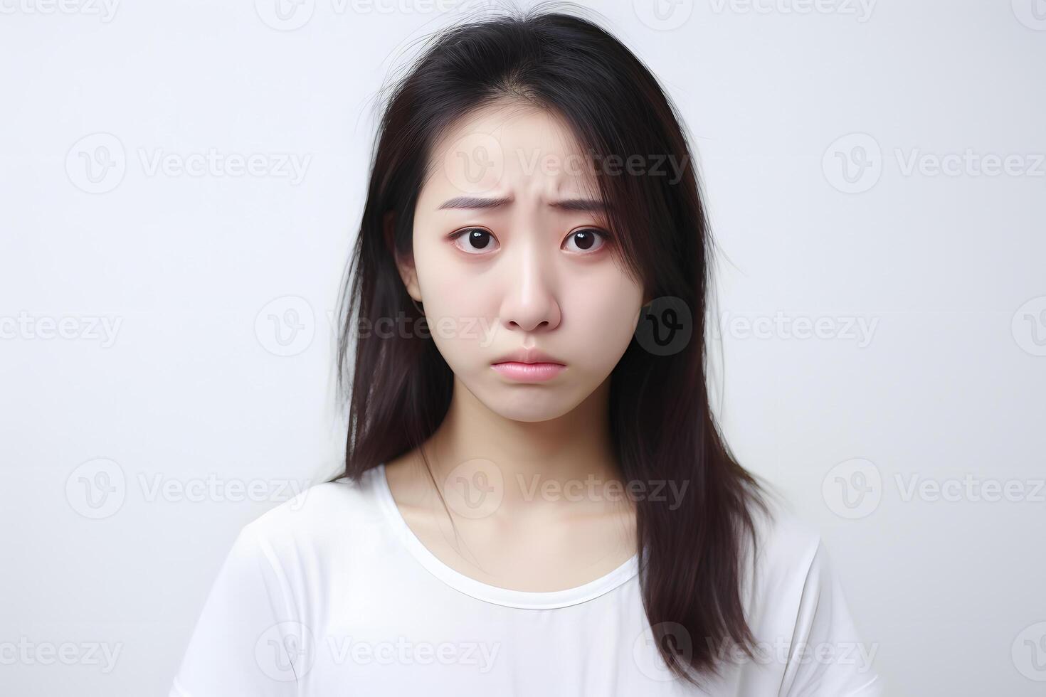 AI generated Sad crying Asian young adult woman portrait on white background. Neural network generated photorealistic image photo