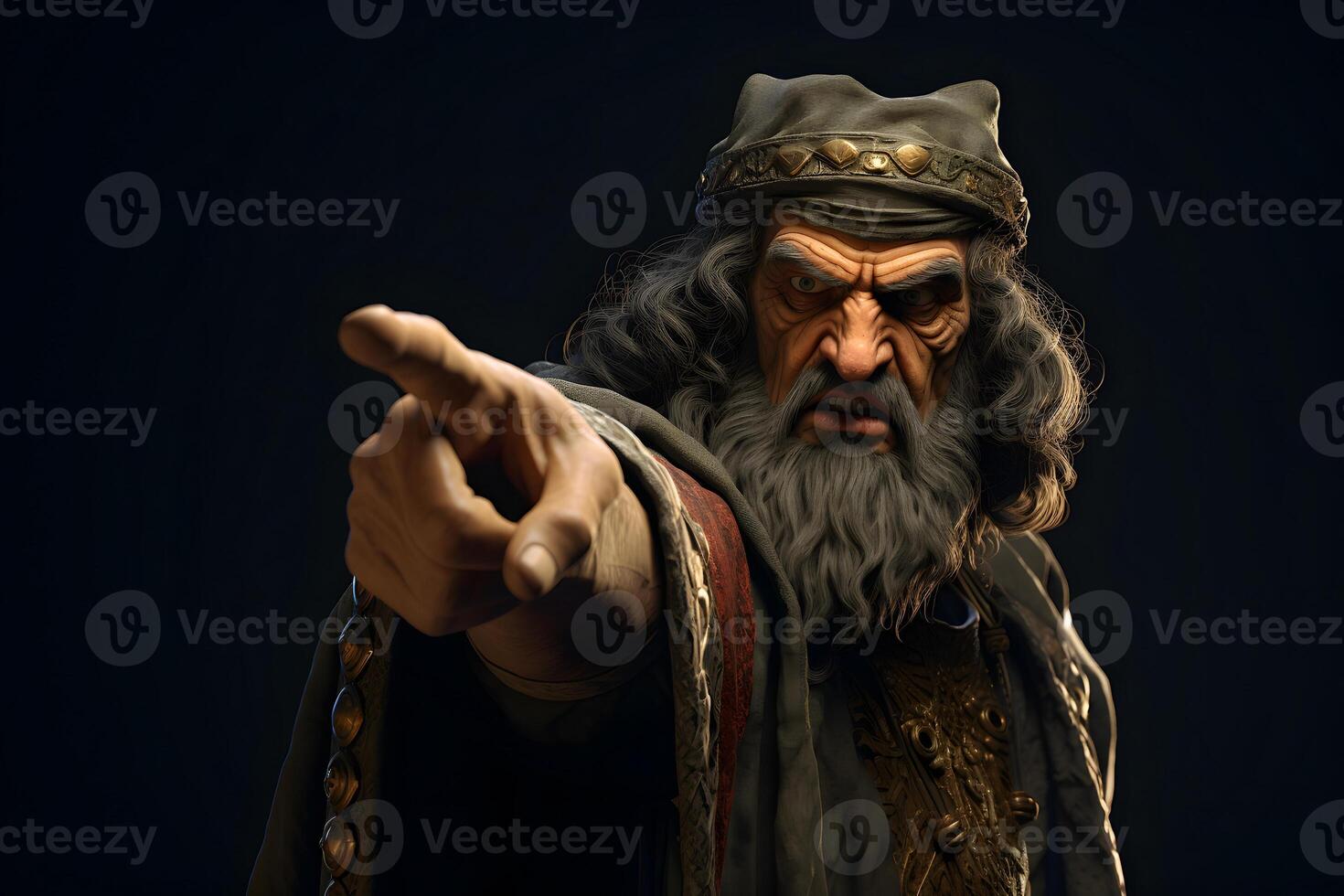 AI generated Medieval man on black background points finger at you, neural network generated image photo