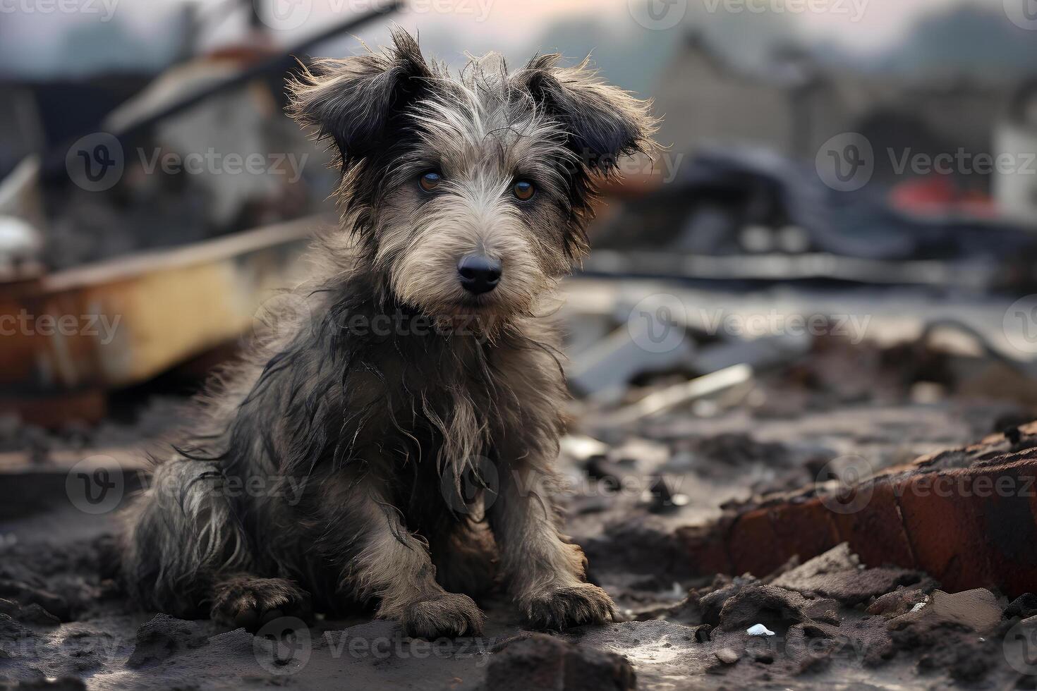 AI generated alone and hungry domestic puppy after disaster on the background of house rubble, neural network generated image photo
